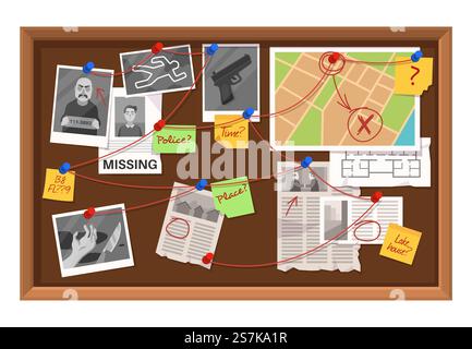 Detektivtafel. Kriminaluntersuchung in der Polizeiabteilung, Verbindungsdiagramm mit Zeitungsausschnitten, Fotos und Planungskartenvektor-Untersuchungskonzept. Detektivtafel. Kriminaluntersuchung in der Polizei, Verbindungsdiagramm mit Zeitungsausschnitten, Fotos und Kartenvektorkonzept Stock Vektor