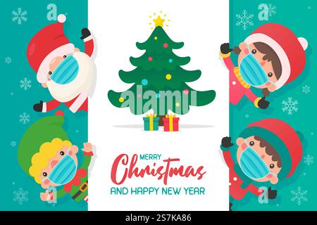 Santa Elfen und Kind tragen Masken, um das Coronavirus im Winter zu verhindern. Stock Vektor