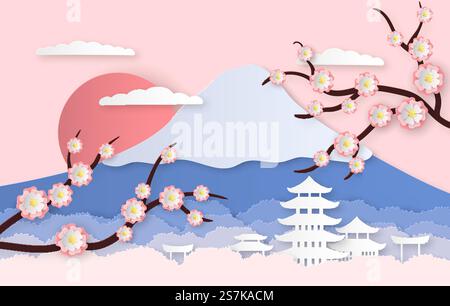 Papiersakura. Panoramablick mit japanischen Bäumen, Gartenblumen und Hügeln. Papier geschnittene Art Origami asien Reise Vektor vertikaler Schnitt Hintergrund. Papiersakura. Panoramablick mit japanischen Bäumen, Gartenblumen und Hügeln. Papier geschnitten Stil Origami asien Reise Vektor Hintergrund Stock Vektor
