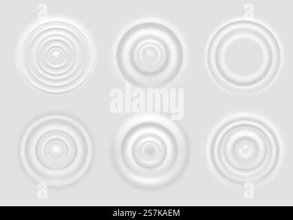 Welligkeit auf weißer Oberfläche. Milchprodukt kreisförmige Wellen von oben, Milchspritzer von fallendem Tropfen, runde Radialwelligkeit auf Oberfläche Vektor konzentrische Ringe Textur. Welligkeit auf weißer Oberfläche. Milchprodukt kreisförmige Wellen von oben, Milchspritzer von fallendem Tropfen, runde Radialwelligkeit auf Oberflächenvektor-Textur Stock Vektor