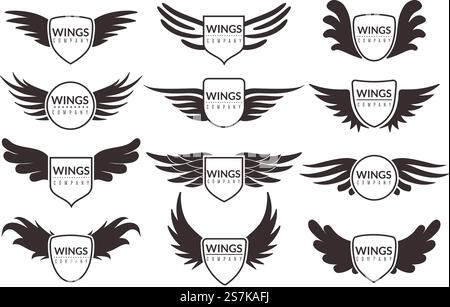 Wings-Logo. Geflügelte Embleme, Engel- und phoenix-Flügel-Wings-Wappensymbole, Zeichen für Marke, Zertifikat und Aufkleber Vintage-Vektor-Firmenabzeichen. Wings-Logo. Geflügelte Embleme, Engel- und phönixflügel Wappensymbole, Zeichen für Marke, Zertifikat und Aufkleber Vintage Vektorabzeichen Stock Vektor