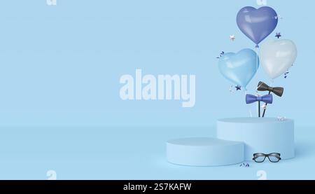 Happy Vathers Day Podium mit Brille, Fliege und Herzballons. Blauer Hintergrund mit Kopierraum. Realistische Vektordarstellung... Happy Vathers Day Podium. Stock Vektor