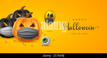 Halloween Coronavirus-Konzept, COVID-19-Schutz. Glänzende Ballons mit Monstergesichtern, Kürbisse in Schutzmasken und Auge. Vektorabbildung... Halloween Coronavirus Konzept. Stock Vektor