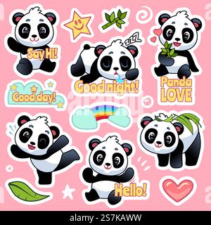 Niedliche Panda-Aufkleber. Happy Bears Ausdruck für Emoji Patches Design, coole asiatische Tiere Abzeichen für Kinder Vektor Pandas Charaktere mit Herz und Regenbogen. Niedliche Panda-Aufkleber. Happy Bears Ausdruck für Emoji Patches Design, coole asiatische Tiere Abzeichen für Kinder Vektor Pandas Charaktere Stock Vektor