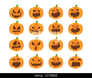 Gelber Kürbisvektor zum Schnitzen von gruseligen Gesichtern für Halloween. Stock Vektor