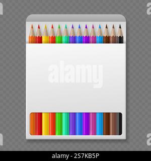 Farbstift im Karton. Hölzerne farbige Buntstifte in der Verpackung Modell, Schreibwaren Werkzeuge, realistische Boxen mit farbigen Bleistiften Vektor bunte Vorlage. Farbstift im Karton. Hölzerne farbige Buntstifte in der Verpackung Modell, Schreibwaren Werkzeuge, realistische Boxen mit farbigen Bleistiften Vektor Vorlage Stock Vektor