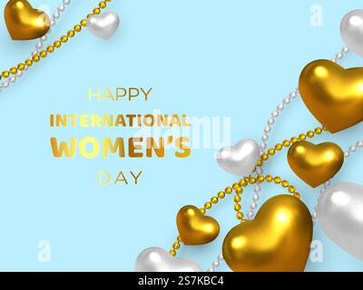 Vektor-Illustration zum Happy Womens Day. Goldene und weiße Herzen in 3D-Metallic mit Perlen auf flachem türkisfarbenem Hintergrund. Draufsicht. Dekoratives Liebeskonzept. Vektor-Illustration zum Happy Womens Day. Stock Vektor