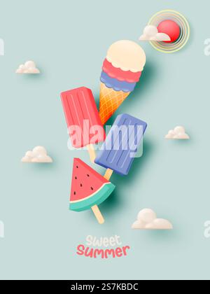Eis und Eis für Sommersaison sehr nettes Charakter Design in Pastell-Schema-Vektor-Illustration Stock Vektor