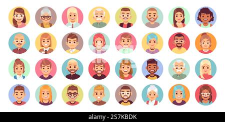 Comic-Avatare für Menschen. Vielfalt an Büroangestellten flache Charaktere und Avatarporträts, Vektorgesicht-Symbolsatz. Comic-Avatare für Menschen. Vielfalt an Büroangestellten flache Charaktere und Avatarporträts Vektorsymbole Stock Vektor