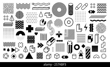 Memphis geometrische Formen. Trendiges Grafikelement. Verschiedene Formen, funky, grafische Silhouette für Design. Vektor isolierte dekorative minimalistische Elemente. Memphis geometrische Formen. Trendiges Grafikelement. Verschiedene Formen, funky, grafische Silhouette für Design. Vektor isolierte Elemente Stock Vektor