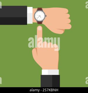 Armbanduhr zur Hand. Geschäftsmann zeigt die Zeit auf seiner Uhr, überprüft die Zeit oder das Symbol der Frist. Minimieren Sie Arbeit, Zeit ist Geld Vektor-Konzept. Armbanduhr zur Hand. Geschäftsmann zeigt die Zeit auf seiner Uhr, überprüft die Zeit. Minimieren Sie Arbeit, Zeit ist Geld Vektor-Konzept Stock Vektor
