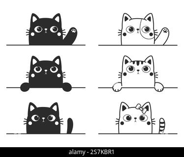 Vektor-Cartoon-Silhouette der schwarzen Katze, die zur Wand winkt, winkt niedliche Kätzchen-Linie Zeichnung. Stock Vektor
