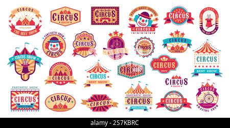 Circus Retro Labels. Vektor Karneval Event Aufkleber für Einladung, Vintage Show Rahmen Formen und Elemente. Circus Retro Labels. Vektor Karneval Event Aufkleber für Einladung, Vintage Show Rahmen Formen Stock Vektor
