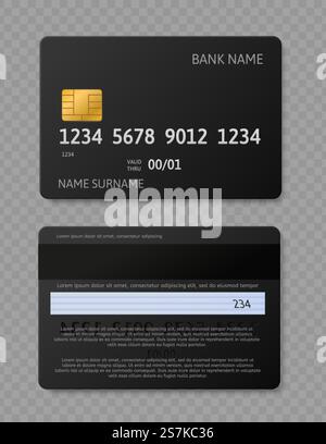 Schwarze Kreditkarte. Realistische Kreditkarten mit Chip-, Vorder- und Rückseite-Mockup für isolierte Vorlage für Banktransaktionen. Schwarze Kreditkarte. Realistische Kreditkarten mit Chip-, Vorder- und Rückseite-Mockup für Banktransaktionsvektorvorlage Stock Vektor