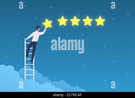 Kundenbewertung. Geschäftsmann steht auf der Leiter und gibt fünf Sterne. Positives Feedback von Qualitätsprodukten, Bewertungs-System-App, Kundenmeinung flaches Vektorkonzept. Kundenbewertung. Geschäftsmann steht auf der Leiter und gibt fünf Sterne. Hochwertiges Produkt-Feedback, Bewertungssystem App-Vektorkonzept Stock Vektor
