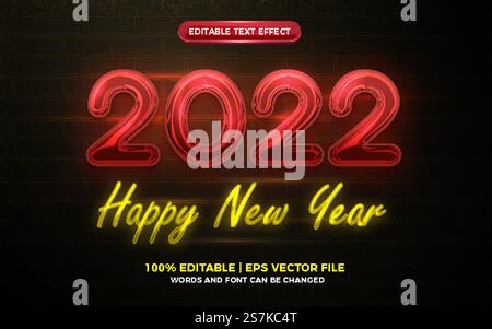 Happy New Year 2022 Red Neonlicht Glow 3D bearbeitbarer Texteffekt Stock Vektor