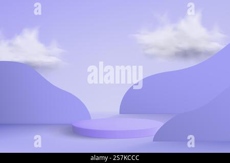 3D-Hintergrund mit minimalistischem Sockelstil. Leeres Podium mit realistischen Wolken und Dekorationen, um Produkte und Kosmetik zu präsentieren. Stock Vektor