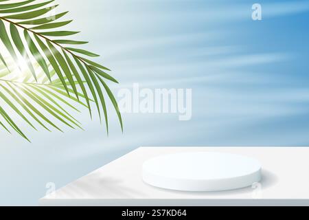 Sommerhintergrund in minimalistischem Stil mit Podium in weißen Farben. Leerer Sockel für Produktanzeige mit Palmblättern und Himmel. Stock Vektor
