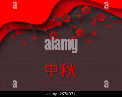 Happy Mid Autumn Festival Design. 3d papercut chinesische Hieroglyphen, Blumen in roter Farbe. Vektorabbildung... Happy Mid Autumn Festival Design. Stock Vektor