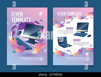 Computer Handelsunternehmen, innovative IT oder technologische Startup Werbung Flyer oder Banner Cartoon Vektor Seiten Vorlage mit modernen PC Desktop, Monitor und Laptop Illustrationen. Computer Reparatur Service Promo Flyer Cartoon Vektor Stock Vektor