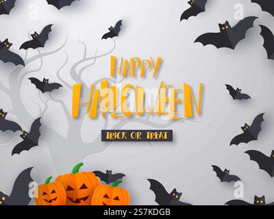 Poster oder Banner zu Halloween-Feiertagen. 3D-Papier schneidet fliegende Fledermäuse mit Kürbissen und handgezeichnetem Grußtext. Grauer Hintergrund mit Baumsilhouette. Vektorabbildung... Poster oder Banner zu Halloween-Feiertagen. Stock Vektor