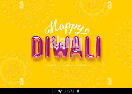 Happy Diwali Schriftzug. Violette 3D-Hochglanzbuchstaben auf gelbem Hintergrund. Deepawali, Festival of Lights Indian Holiday Design. Vektor... Happy Diwali Schriftzug. Stock Vektor