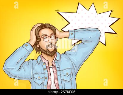 Verwirrter und verwirrter Mann, der Kopf in den Händen hält, mit überraschendem Blick auf etwas, männlicher Kunde schockiert wegen Preisrabatt Angebot Pop Art Vektor Illustration. Vorlage für Werbebanner für Sonderaktionen. Schockierter Mann, der Kopf in Händen hält Vektor Stock Vektor