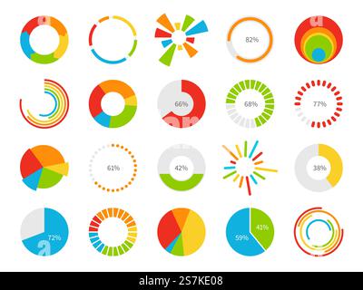 Tortendiagramme. Grafische Segmentierungsinformationen Kreise, prozentualer statistischer Markt, Kreisdiagramm für Grafik-Vektor-Diagrammsatz der finanziellen ui-Infografik. Tortendiagramme. Grafische Segmentierungsinformationskreise, prozentualer statistischer Markt, Kreisdiagramm für Infografik-Vektorsatz der finanziellen ui Stock Vektor