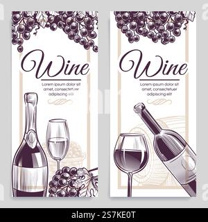 Skizzieren Sie Weinbanner. Klassische alkoholische Getränkeflasche und Weingläser Trauben Flayers, Einladungskarten, Promotion Vintage Karton vertikale Etiketten Vektor-Set. Skizzieren Sie Weinbanner. Klassische alkoholische Getränkeflasche und Weingläser Trauben Flayers, Einladungskarten, Promotion Etiketten Vektor Set Stock Vektor