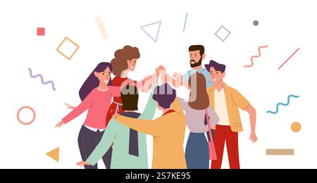 Freunde, die High-Five machen. Fröhliche Freunde und Kollegen grüßen informell. Teammitglieder Ausdruck Freude hoch fünf zusammen Vektor lächelndes Teen Konzept. Freunde, die High-Five machen. Fröhliche Freunde und Kollegen grüßen informell. Team-Mitarbeiter Ausdruck Freude hoch fünf zusammen Vektorkonzept Stock Vektor