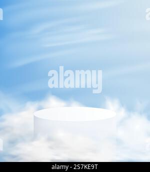 Abstrakter minimalistischer Hintergrund mit einem Sockel in den Wolken. Leeres Podium für die Produktvorführung mit blauem Himmel auf dem Hintergrund. Stock Vektor