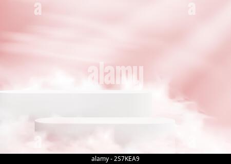 Minimalistischer Hintergrund mit weißen Podesten in den Wolken in Pink. Leere Showcase-Sockel zur Produktvorführung. Stock Vektor