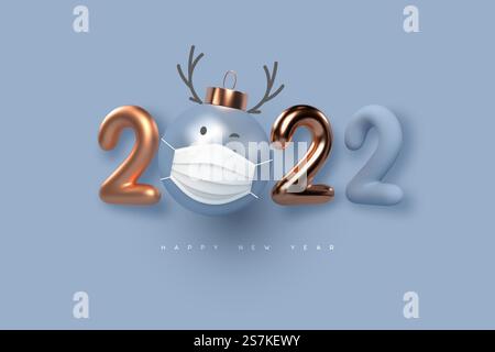 Neujahrsschild 2022. Niedliche Weihnachtskugel, Figur mit Hirschhörnern in medizinischen Masken mit Zahlen. Vektor... Neujahrsschild 2022. Stock Vektor