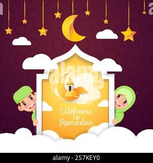 Süßer muslimischer Charakter Begrüßung ramadan kareem mit Mond und Stern Stock Vektor