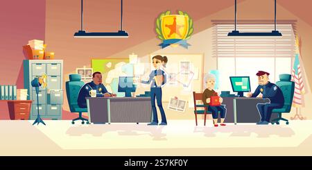 Polizeibeamte arbeiten im Büro der Polizeiwache, Detektiv sitzt am Schreibtisch, Streifenpolizistin verhört Oma, stellt Fragen Zeuge oder Opfer von Verbrechen Cartoon Vektor Illustration. Polizisten arbeiten im Büro Cartoon Vektor Stock Vektor