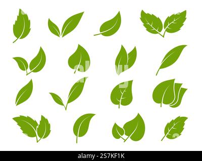 Leaves-Symbole. Junge grüne Blätter Bäume und Pflanzen verschiedene Eleganz Formen, Kräuter Teeblatt Öko, Bio Bio-Blätter Landschaftsgestaltung Umwelt Vektor Silhouette Set. Leaves-Symbole. Junge grüne Blätter Bäume und Pflanzen verschiedene Formen, Kräuter Teeblatt Öko, Bio Laub Landschaftsgestaltung Umwelt Vektor Set Stock Vektor
