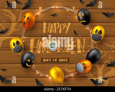 Halloween Coronavirus-Konzept, COVID-19-Schutz. Glänzende Ballons mit Monstergesichtern in Schutzmasken, fliegende Fledermäuse. Vektorabbildung... Halloween Coronavirus Konzept. Stock Vektor