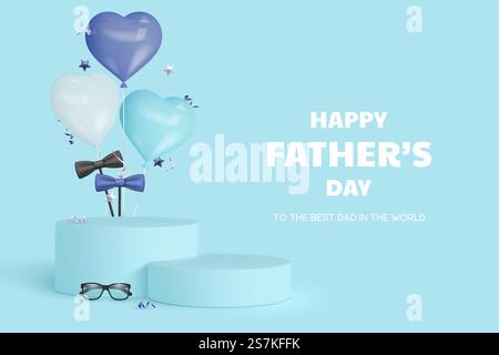 Happy Vathers Day Podium mit Brille, Fliege und Herzballons. Blauer Hintergrund mit Begrüßungstext. Realistische Vektordarstellung... Happy Vathers Day Podium. Stock Vektor