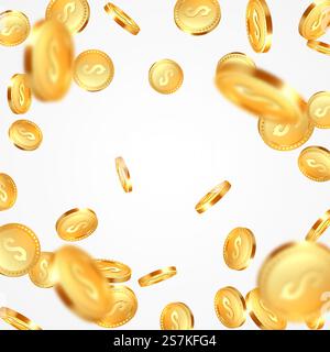 Realistische 3D Goldmünzen Explosion. Fallendes Geld mit Dollarzeichen. Weißer Hintergrund. Vektorabbildung... Realistische 3D Goldmünzen Explosion. Stock Vektor