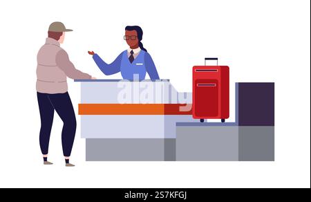 Check-in Flughafenterminal. Grenzschutz an Checkpoint und Reisenden mit Taschen, die am Scanning-Vektor-Reisekonzept stehen. Check-in Flughafenterminal. Grenzschutz und Reisender mit Taschen, die am Scanning-Vektor-Reisekonzept stehen Stock Vektor