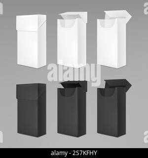 Leere weiße und schwarze Zigarettenpackungen. Vektor-realistisches Modell der offenen und geschlossenen Papierverpackungsbox für Tabakprodukte isoliert auf grauem Hintergrund. Leere weiße und schwarze Zigarettenpackungen Stock Vektor