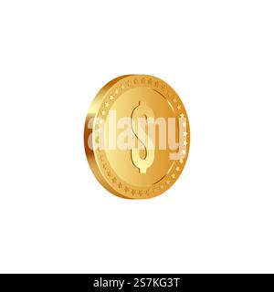 3D realistische goldene Metallic-Dollarmünze, mit Drehung um 40 Grad, isoliert auf weißem Hintergrund. Vektorabbildung... Goldene metallische Dollarmünze. Stock Vektor