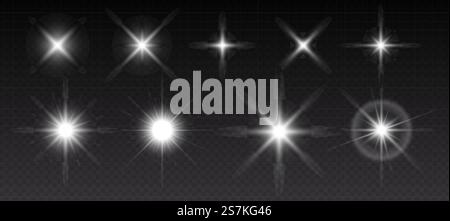 Funkelnde Sterne, flackernde und blinkende Lichter. Sammlung verschiedener Lichteffekte auf schwarzem Hintergrund. Realistische Vektordarstellung. Funkelnde Sterne, flackernde und blinkende Lichter. Sammlung verschiedener Lichteffekte Stock Vektor