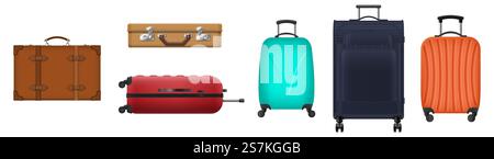 Reisekoffer und -Taschen, Gepäck isoliert auf weißem Hintergrund. Taschen für Tourismus, Urlaub und Reise. Realistische Trolley-Koffer auf Rädern, alte Leder-Aktentasche. 3D-Vektordarstellung. Reisekoffer und -Taschen, Gepäck. Taschen für Tourismus, Urlaub und Reise Stock Vektor