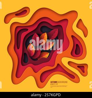 Herbst 3D Papier geschnitten Hintergrund. Abstrakte Formen mit Blättern in gelben, orangen und lila Farben. Design für Dekoration, Geschäftspräsentation, Poster, Flyer, Drucke. Vektorabbildung... Herbst 3D Papier geschnitten Hintergrund. Stock Vektor