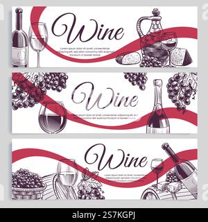 Skizzieren Sie Weinbanner. Klassische alkoholische Getränkeflaschen und Weingläser, Trauben. Promotion Weingut und Weinberg handgezeichnet Etiketten Vektor Dekoracion Restaurant Karte Set. Skizzieren Sie Weinbanner. Klassische alkoholische Getränkeflaschen und Weingläser, Trauben. Promotion Weingut und Weinberg Hand gezeichnete Etiketten Vektor-Set Stock Vektor