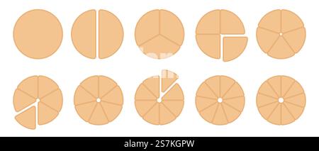 Raddiagramm aus 1 bis 10 Teilen, Kreisdiagramm Infografik Kreis unterteilt in Pizza- oder Tortensegmente, Vektor-Symbole. Stock Vektor