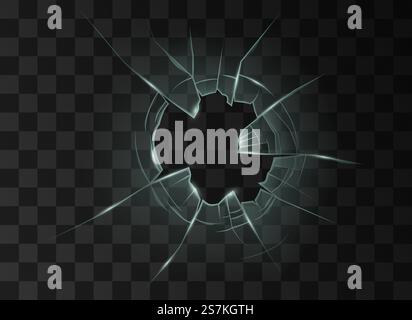 Gebrochenes Glas mit Loch durch Kugel oder Absturz. Transparentes zerstörtes Fenster oder Spiegelfläche auf schwarzem Hintergrund. Realistische 3D-Vektordarstellung. Gebrochenes Glas mit Loch durch Kugel oder Absturz. Transparentes zerstörtes Fenster oder Spiegelfläche Stock Vektor