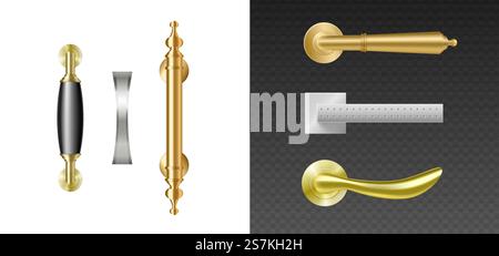 Moderne Türgriffe. Möbelgriffe aus Silber und goldenem Metall für geöffnete Zimmertüren. Realistische 3D-Innenelemente isoliert. Vektorabbildung. Moderne Türgriffe. Möbelgriffe aus Silber und goldenem Metall für geöffnete Zimmertüren Stock Vektor