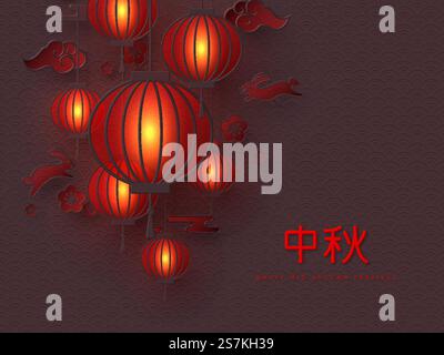 Happy Mid Autumn Festival Design. 3D-Papercut chinesische Hieroglyphen, Laternen, Wolken und Kaninchen in roter Farbe. Vektorabbildung... Happy Mid Autumn Festival Design. Stock Vektor